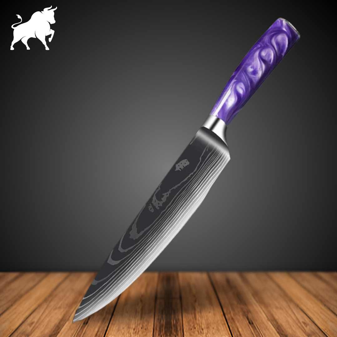 Faca Chefe Purple Acabamento Aço Damasco Bufaluz