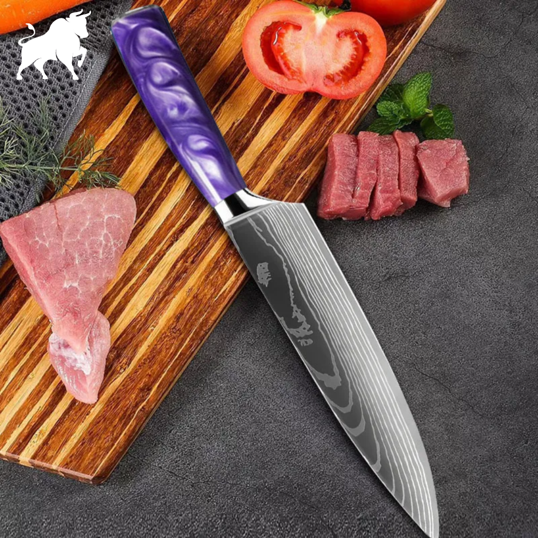 Faca Chefe Purple Acabamento Aço Damasco Bufaluz